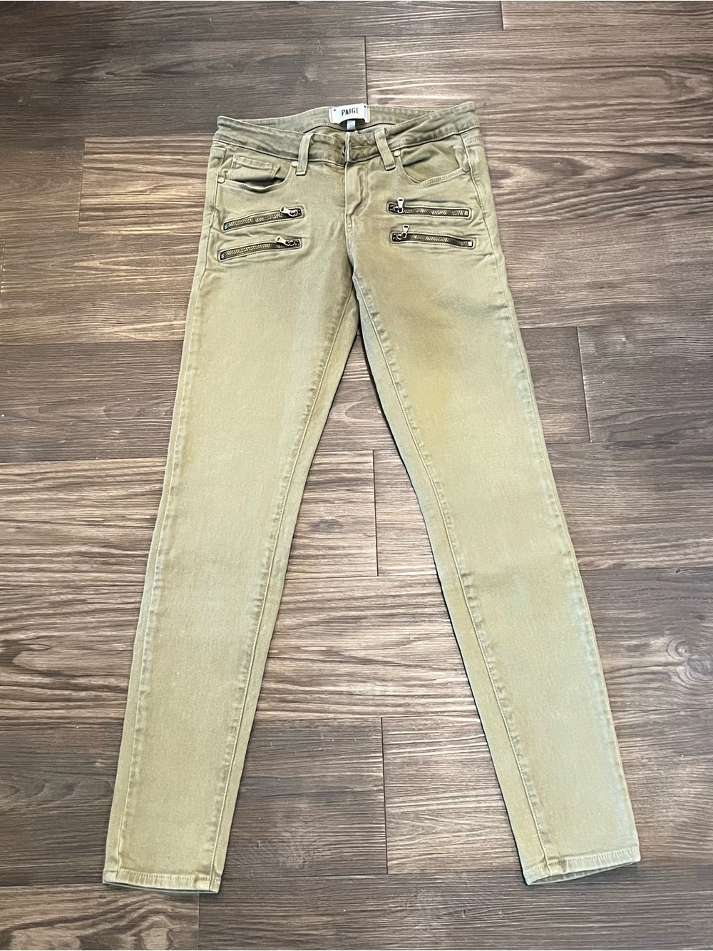 PAIGE Verdugo Moto Skinny Jeans Women’s 26 Olive Green Zip Detail Mid Rise - Picture 4 of 12